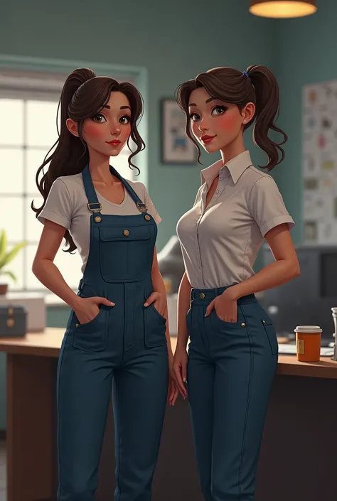 There is only one beautiful, big-breasted British female mechanic wearing open front work clothes, A beautiful American female mechanic with an elegant hairstyle ,  and a wall covered with work notes , Neat desk.There is a mug on the table 