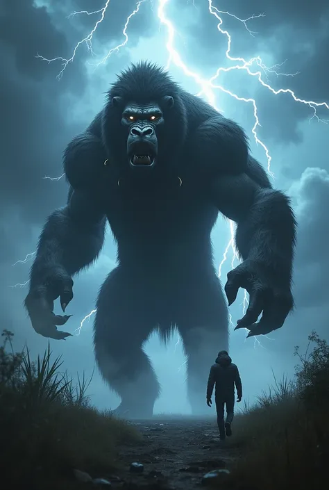 the lion and the gorilla tum into a giant monster and the giant monter walks forward and lighting strikes in the background.