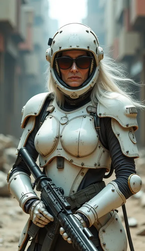 Old woman with weapon in cyber exoskeleton sunglasses and helmet, elderly female cyborg merchant in steel white armor, Luis Royo style, rich white hair, from 2 1 0 0 year old science fiction 8 k movie, post apocalyptic wasteland, she is about 8 0 years old...