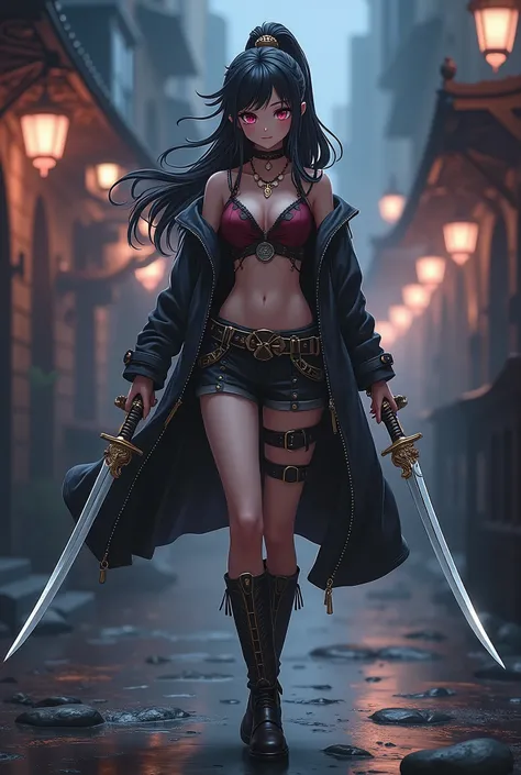 Anime Cowboy Feminino de Cabelos perfeitos no Velho Oeste, dark background, long hair, side bang, high ponytail, belts, gold forniture,  ultra detailed face, dark pink eyes, walking at night city ,hood, dual katanas, coat, shining  plate katanas , each han...