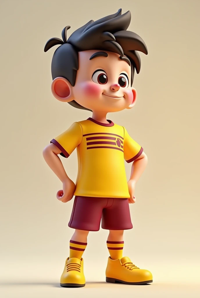 I want to create a 3D mascot of Faz Mania wearing a yellow soccer team jersey with burgundy stripes and a burgundy soccer shorts with yellow soccer boots