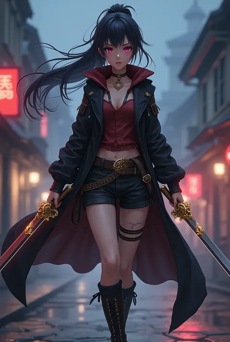 Anime Cowboy Feminino de Cabelos perfeitos no Velho Oeste, dark background, long hair, side bang, high ponytail, belts, gold forniture,  ultra detailed face, dark pink eyes, walking at night city ,hood, dual katanas, coat, shining  plate katanas , each han...