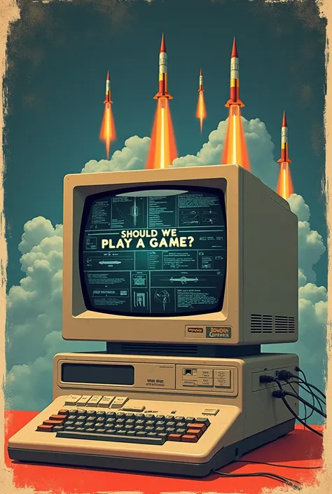 A poster with an old computer from the 80s with military information and with missiles leaving the computer and written on the screen written should we play a game ? 

