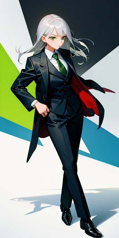 woman, suit,  jacket,  white shirt,  ties,  slender, Grey Hair, Green Eyes, whole body, Leather shoes,