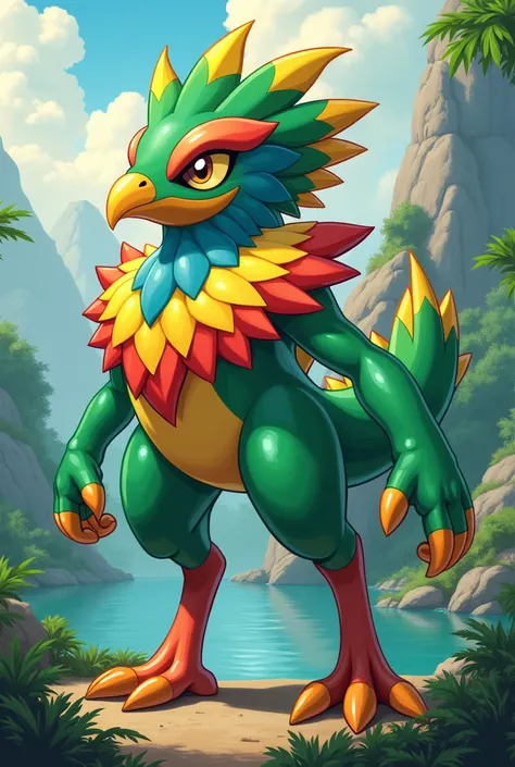  Create a Brazilian Pokémon called Tropivernus , with robust body, metade coberto por escamas douradas e metade por folhas greens.  Its head is adorned with colorful feathers , com olhos goldens e uma cauda longa e ramificada,  looking like a river with tr...