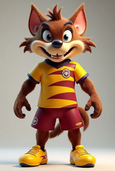 I want to create a 3D mascot of the character Taz Mania wearing a yellow soccer team jersey with burgundy stripes and a burgundy soccer shorts with yellow soccer boots