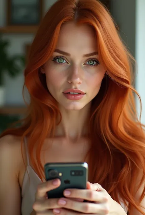  Redheaded woman with green eyes, straight hair,nose fine,Meaty and Brazilian actors playing cellphone in hand on Instagram 