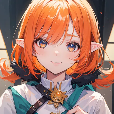 (( best quality)), ((masterpiece)), ( Details),  perfect face,juvenile,Bob Head ,Orange Hair,Elf,smile