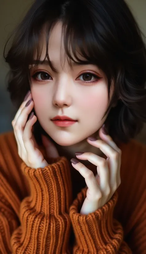 Image is a close-up portrait of a person With short, Black Hair and fair skin. The focus is on their hands, which are positioned near their face, showcasing matte brown nail polish. The person is wearing a textured, rust-colored knit sweater with long slee...