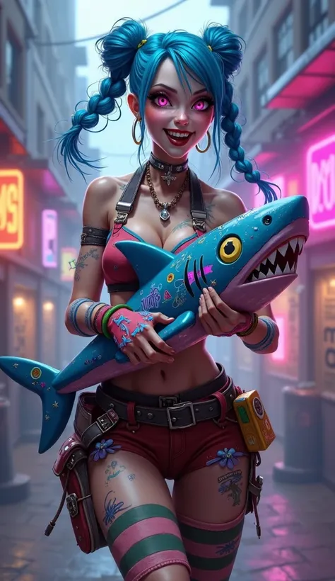 "Render a detailed depiction of Jinx from Arcane and League of Legends, showcasing her chaotic and vibrant personality. She is depicted as a real-life human with a slender, athletic build and a mischievous expression. Jinx has long, bright blue hair styled...