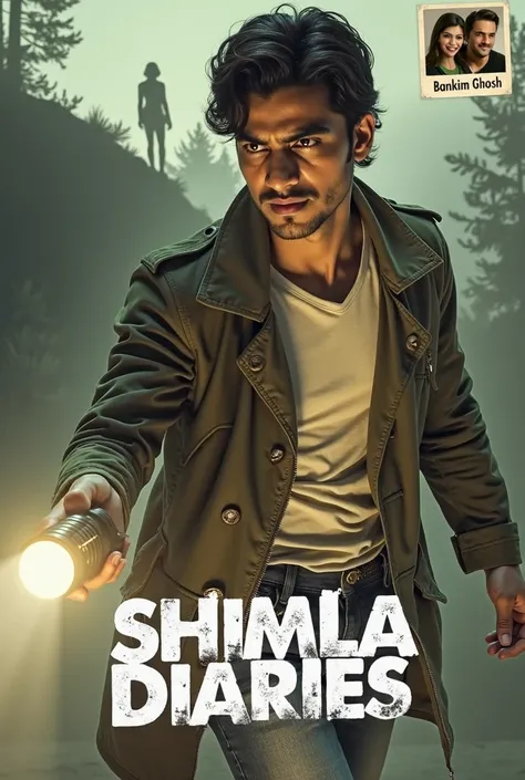 A chilling and suspenseful Bollywood movie poster set against the misty, atmospheric backdrop of Shimla’s dark pine trees and shadowy hills. The poster features a 20-year young detective, Rudra Ghosh, standing in the foreground, dressed in smart casuals—je...