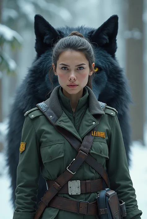 A beautyfull army woman who write leyla in her chest
 behind a black gloden  alfa wolf in snow jongle scary 
