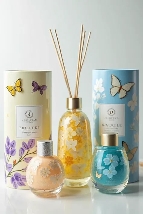 air freshener scented perfume, with 4 difference bottle scented of lavender bilss air freshener, citrus spark air freshener, ocean breeze air freshener and vanilla senerity air freshener. with the packaging of butterfly bottle. with indicate the name of ha...