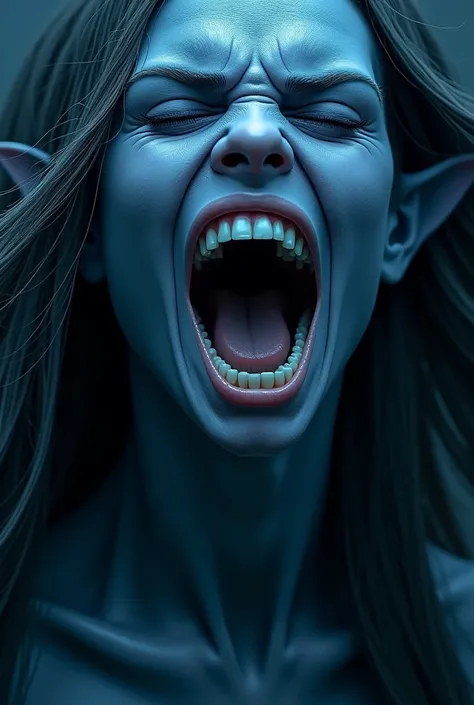 a blue alien sexy girl with long hair screaming, open mouth close eyes. close picture