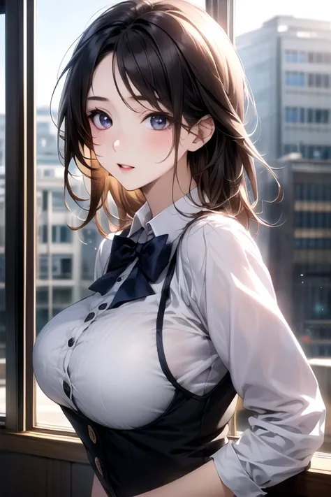 1girl, matured female, vest, bow, best quality, hires, detailed face, office, buildings from window, detailed background, diffused sunlight, depth of field, bokeh、Big Breasts、