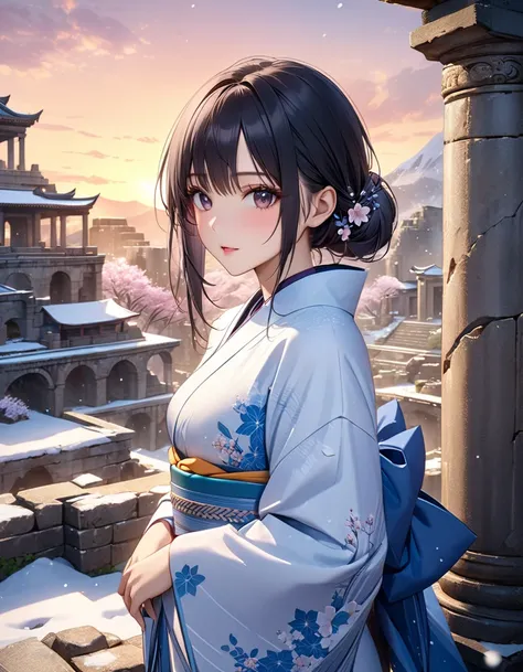 Cherry Blossom Snowstorm, (Ancient City Ruins:1.5), Shima Rin, Long-sleeved kimono,  Adult, Alluring, sunset, masterpiece:1.5, masterpiece, highest quality, UHD, retina, masterpiece, ccurate, anatomically correct, textured skin, super detail, high details,...