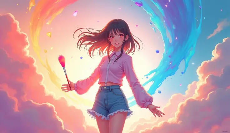 A highly detailed anime-style illustration capturing the theme of self-love and self-acceptance. The composition features a young woman standing confidently at the center of the frame, surrounded by a vibrant and dynamic "color palette" of swirling, shimme...