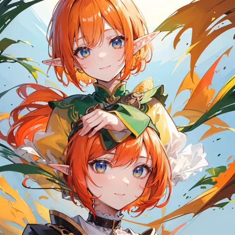 (( best quality)), ((masterpiece)), ( Details),  perfect face,juvenile,Bob Head ,Orange Hair,Elf,smile