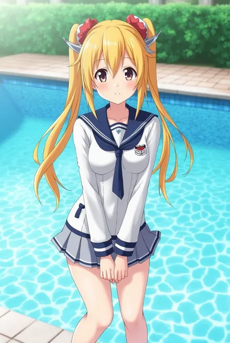 official art, shimakaze (kancolle), kantai collection:1.3, 1girl,standing, poolside, 