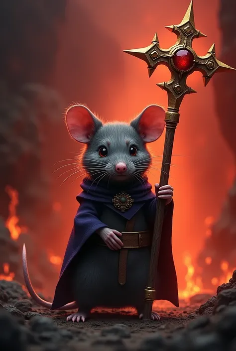 a cute rat using a cursed staff and warlock clothes. His staff has a  golden cross like a star with 4 tips on top and a dark-red sphair on center. This sphair on center is more dark than red. His staff has a dark aura. The enviroment is a dark and red fire...