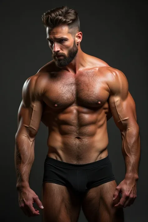 Create me a picture of a muscular hairy man without clothes with a big penis and a red glans