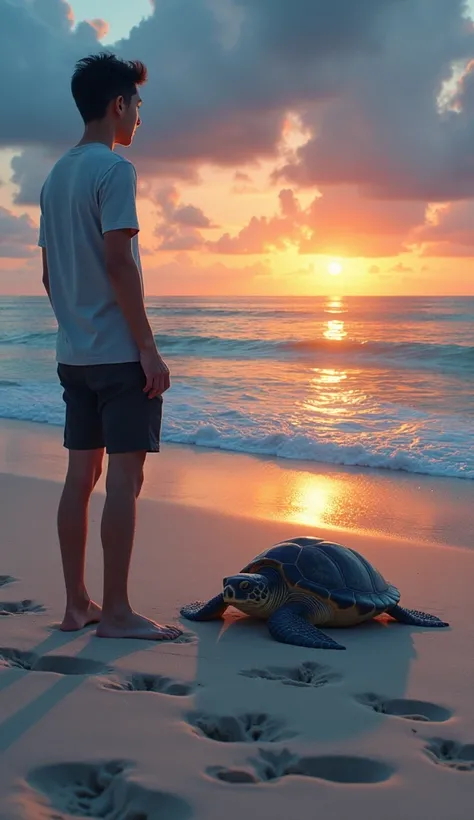  A young man with short hair ,  wearing casual clothes ,  standing attentively on the south coast of East Java,  watching a large turtle laying its eggs in the white sand .  The twilight sky is orange and blue , creates a magical atmosphere .  Around him c...