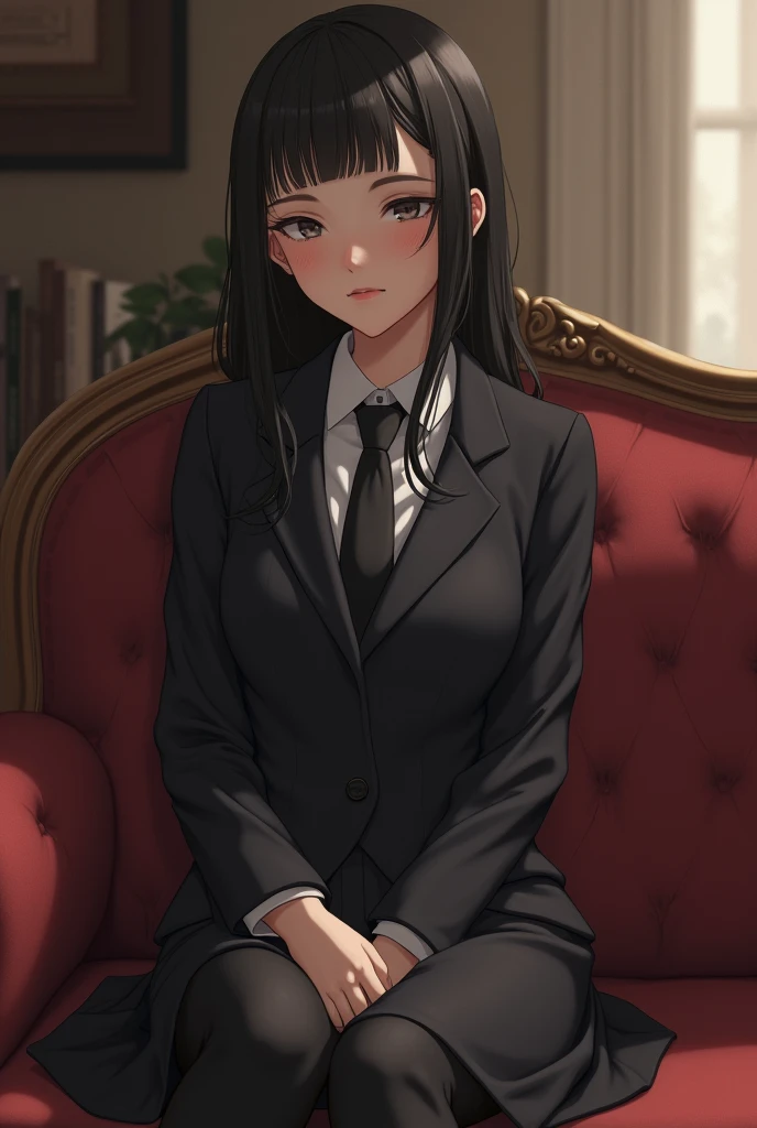 beautiful schoolgirl in a suit sits on the couch 