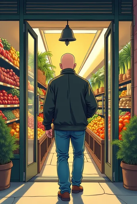 Create an image of a man with a buzz cut walking in and opening the door of a local fruit store, the glass door is opening, theres a little bell up, the man is wearing an oversized sweater with a zipper all the way up, in a manga style, show him walking in...