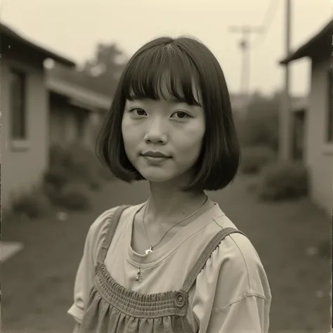 The image is a retro-style black-and-white portrait of a young Taiwanese man facing the camera, in soft sepia tones. The layout is vertical, with the focus above the waist. Her expression is calm and composed, with a hint of a smile on her face, and the ba...