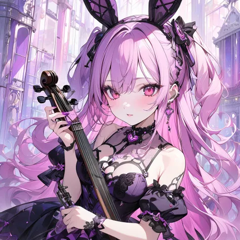 ,girls is playing mobile game々）vtuber, sexy beauty, star shaped choker, (masterpiece, highest quality), official art, beautiful and aesthetic: 1.2), (1 girl), very detailed, (pink purple art: 1.3), colorful, pink long hair、red eyes, bunny ears, half body, ...