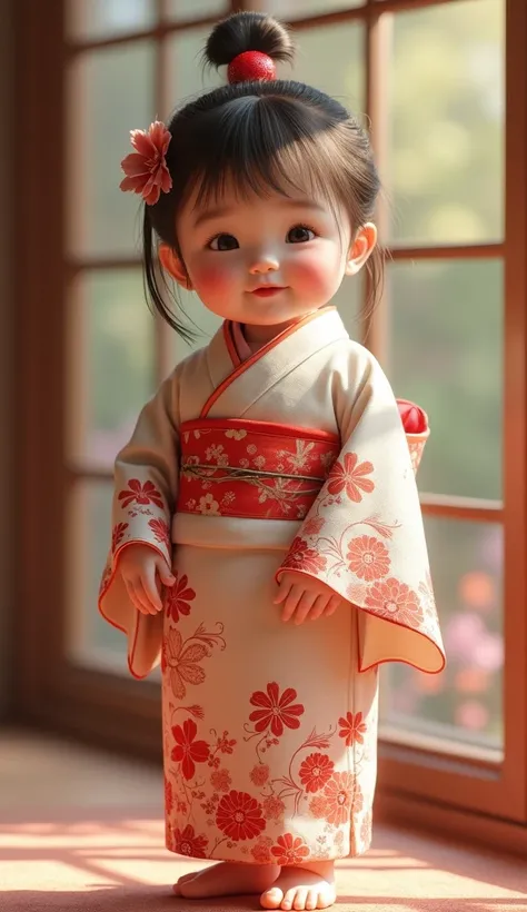  An ultra realistic image of an Asian  up to two years old,  wearing a traditional Japanese kimono . she is facing, standing,  smiling with a sincere and cheerful smile .  The kimono is detailed with floral patterns Delicate and an obi  (track) contrasting...