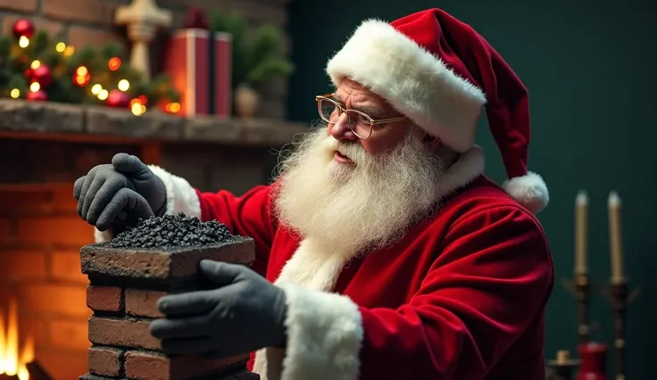 realistic Santa throwing coal down the chimney