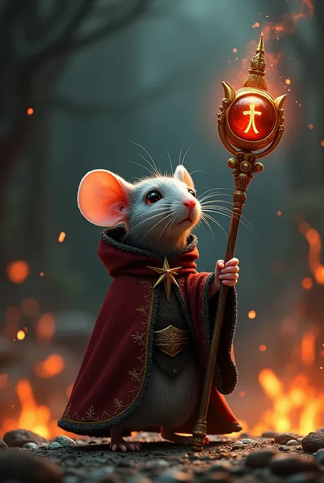 a cute rat using a cursed staff and warlock clothes. His staff has a  golden cross like a star with 4 tips on top and a dark-red sphair on center. This sphair on center is more dark than red. His staff has a dark aura. The enviroment is a dark fire.