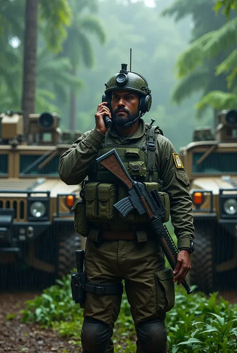 Militant in front of tinted humvees talking on the radio in rainy jungle 