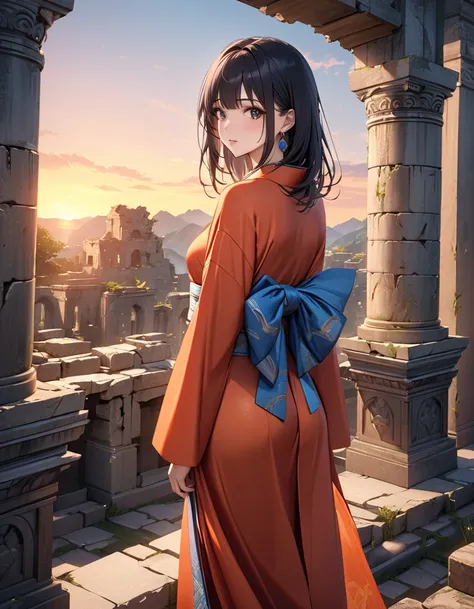 (Ancient City Ruins:1.5), Shima Rin, Long-sleeved kimono,  Adult, Alluring, sunset, masterpiece:1.5, masterpiece, highest quality, UHD, retina, masterpiece, ccurate, anatomically correct, textured skin, super detail, high details, high quality, best qualit...