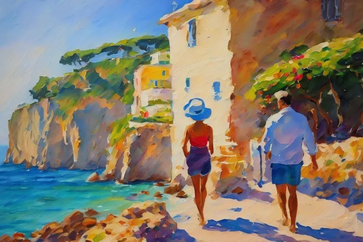  A couple walking on the edge of the beach in Capri, Italy, Around noon , With houses on the rock by the beach.   A beautiful impressionist oil painting ,  made with a spatula with dough ,  with vibrant colors and diffuse features .  The spatula captures t...