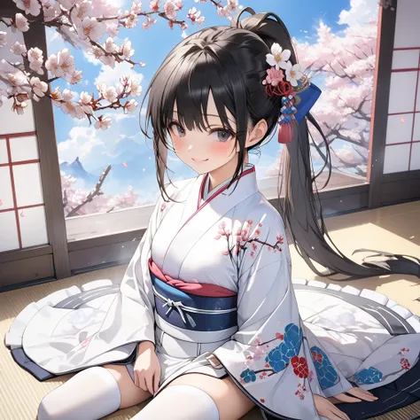 anime、One high school girl、Black Eye、happy smile、blush、 black hair、((low ponytail:1.3))、(Small breasts),(white thigh high:1.2)、beautiful thighs,white flower pattern、stand、Japanese-style room、cherry blossoms、blue sky、( perfect anatomy ),( best quality), ( U...