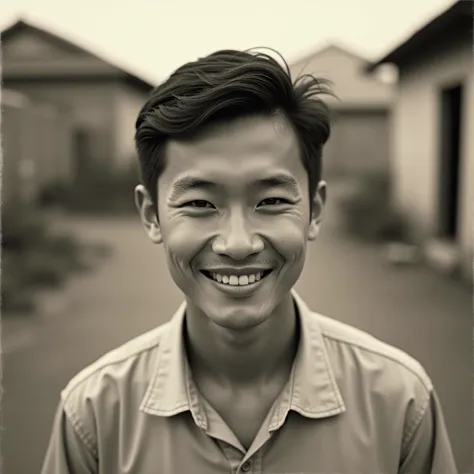 The image is a retro-style black-and-white portrait of a young Taiwanese man facing the camera, in soft sepia tones. The layout is vertical, with the focus above the waist. His expression is calm and composed, and he is wearing a shirt with a hint of a smi...