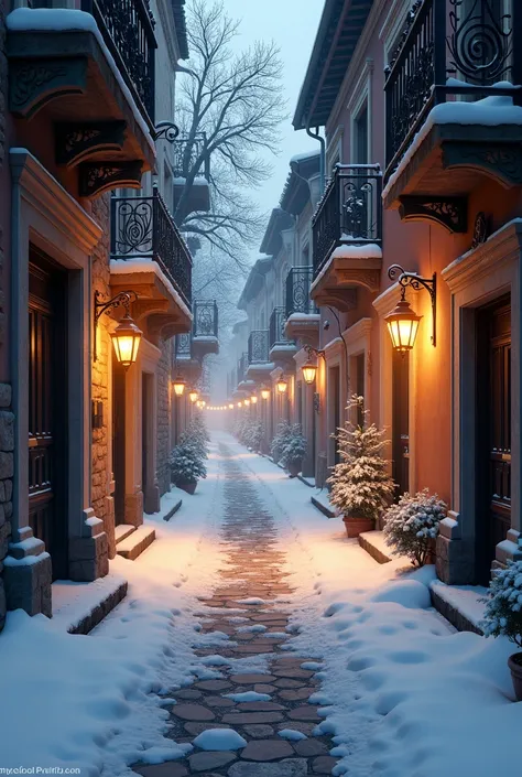 Snowy alleyways with dim lanterns