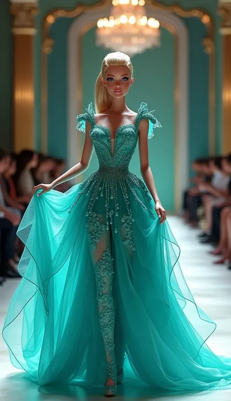  Barbie walking on a stunning fashion runway, magic dress,  fancy dress , fancy dress,  long and intricate dress , beautiful dress, haute couture! fashion!, flowing water silk , turquoise,  long flowing fabric , Flowing dress,  beautiful flowing fabric , i...