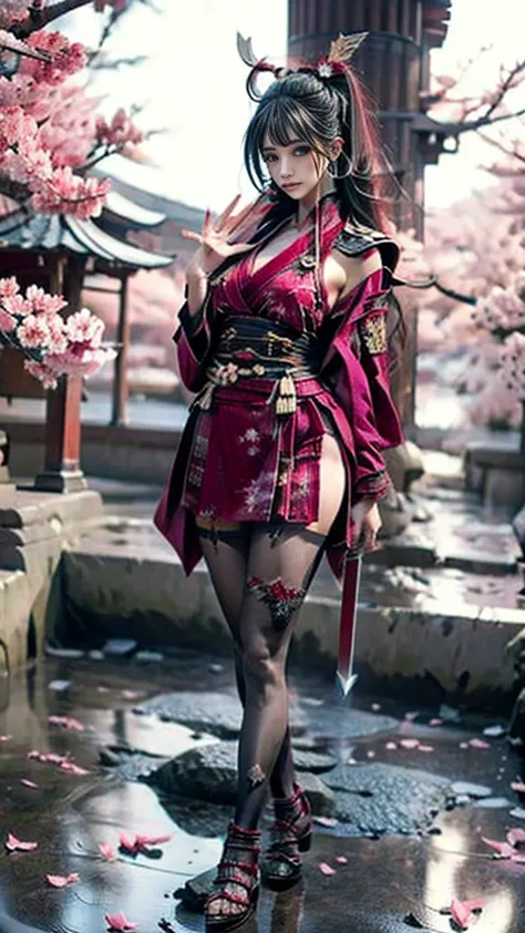  Sexy female character dressed as a warrior from the Sengoku period 、((toned body))、 toned body、 a sexy female character dressed as a warrior from the Sengoku period 、 The sakura-colored armor with a cherry blossom pattern engraved on it is a bikini type a...