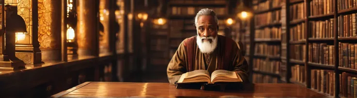 "Create a YouTube channel banner with the following specifications: Size: 1546 × 423 pixels, but ensure the main content fits within 1546 x 423 pixels. Main visual: A wise old man sitting in a large, ancient library filled with dusty books and glowing scro...