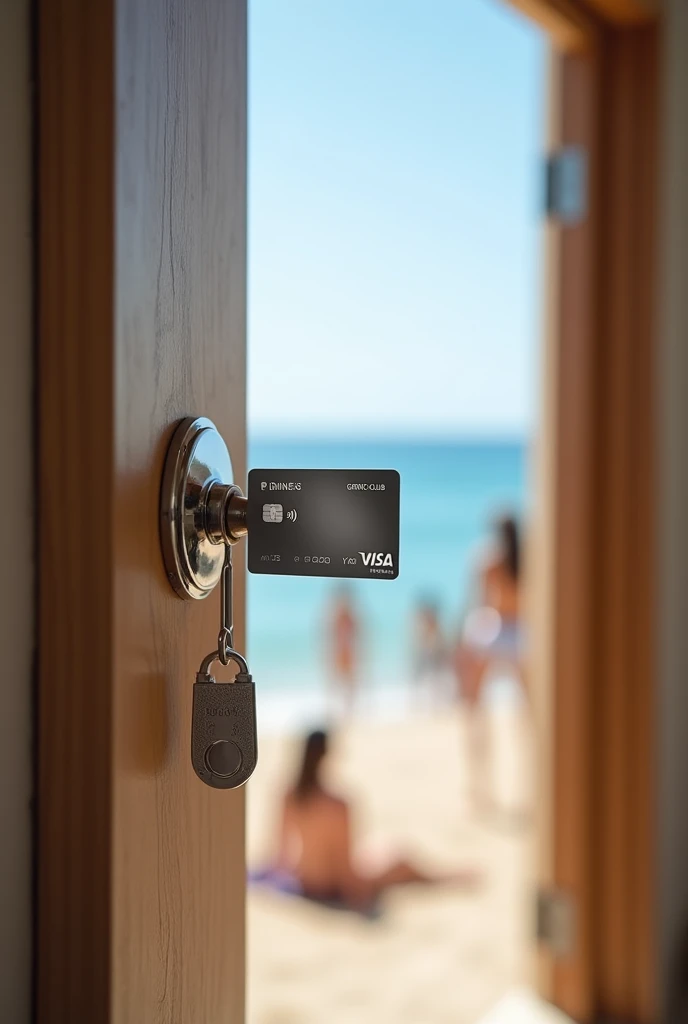 You can see the frame of a door .  This door opens and you can see people on the beach in summer , having fun, happy.  From the lock on the door you can see a key in the form of a Dinners Club credit card color gray