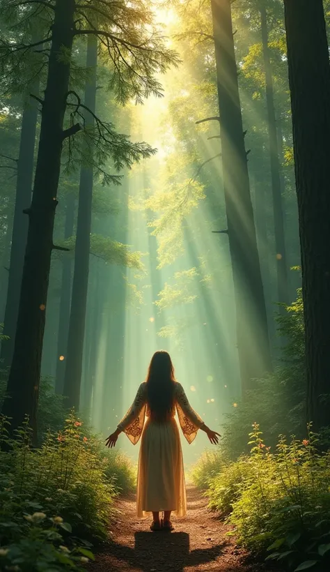 a woman from behind,  positioned at the bottom of an enchanted forest ,  with open arms,  wearing boho chic clothing , hippie.  She is small compared to the setting ,  surrounded by a vast magical forest with tall and imposing trees .  Luminous particles a...