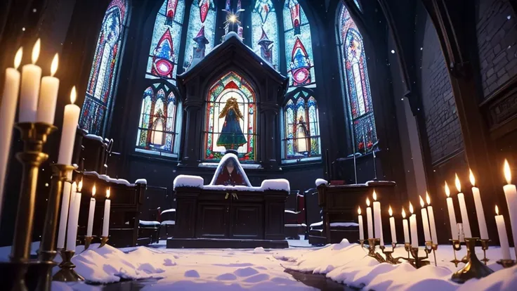  best image quality,  Christmas, church,  stained glass , Praying Angel,  candles,  blurry background, night, snow, Shining Star,