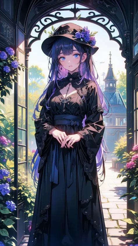 ネオゴススタイルの   girl, Wearing a black dress and a white collar, Wearing a black hat 、  Wearing heavy makeup  ,   Shes standing in an enigmatic garden   、Surrounded by vines   .  dark purple flowers are in full bloom in the garden   .、Gothic architecture in the...