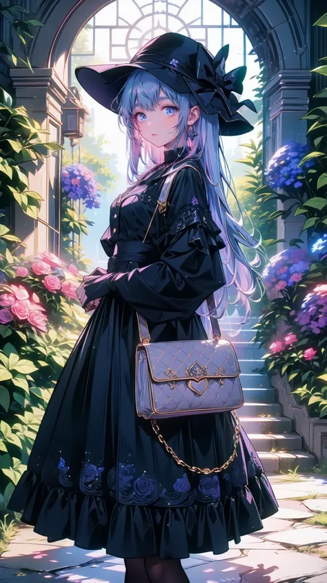 ネオゴススタイルの   girl, Wearing a black dress and a white collar, Wearing a black hat 、  Wearing heavy makeup  ,   Shes standing in an enigmatic garden   、Surrounded by vines   .  dark purple flowers are in full bloom in the garden   .、Gothic architecture in the...