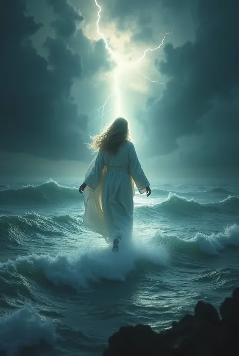  A dramatic and realistic tragic scene from an ocean fort . As ondas estão altíssimas e a água está Agitated,  with black clouds and lightning illuminating the dark sky . Em meio a essa tempestade, A divine figure,  representing God ,  walks serenely over ...