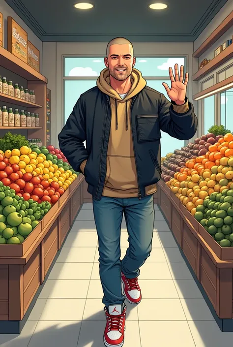 Create a drawing of a man with a buzz cut, hes wearing clothes for cold weather, a pair of baggy jeans, and jordans, hes walking inside of a local small fruit store, hes waving his hand greeting someone, he has a smile on his face, in a manga style, draw h...