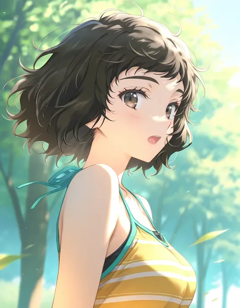 1girl, kawakami_sadayo, short hair, brown hair, messy hair, medium breasts, brown eyes, open mouth,outdoors, wind, game CG break,((artist:shida_kazuhiro)),(artist:mitsumi_misato),(artist:fujiyama),,(masterpiece), (best quality), (ultra-detailed), very aest...